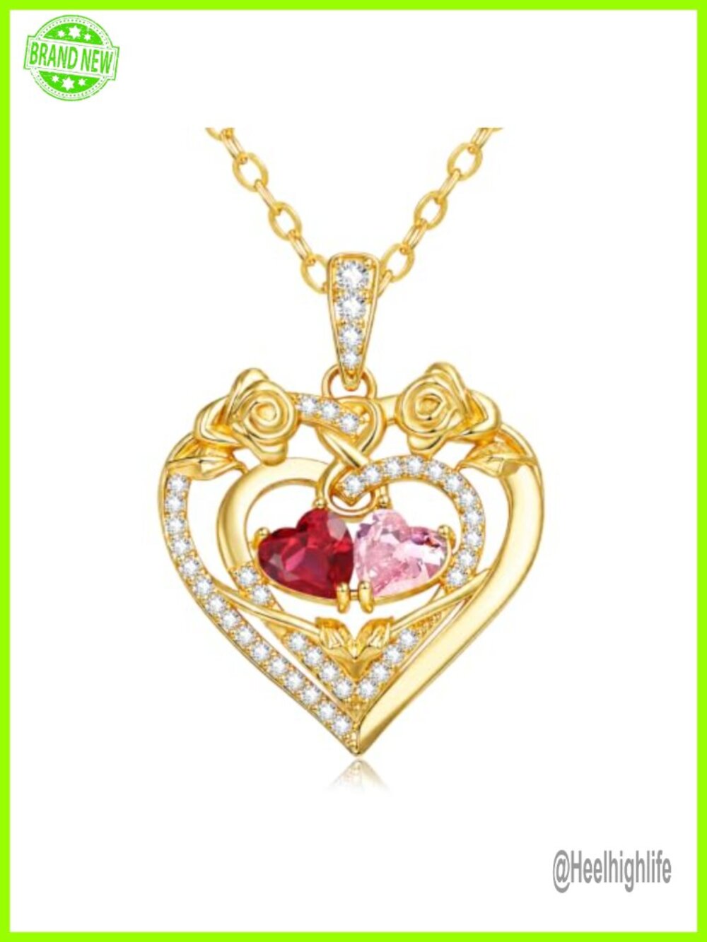 14K Gold Double Birthstone Heart Rose Pendant Necklace